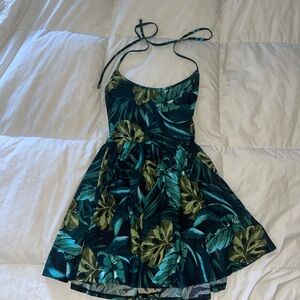 American Apparel Green and Blue Leaf Print Dress Summer Tropical
